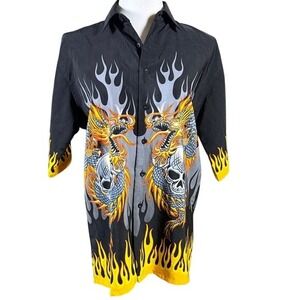 Authentic Shaolin Mens XL Dragon Skull Flame Graphic Button Down Shirt Black Y2K